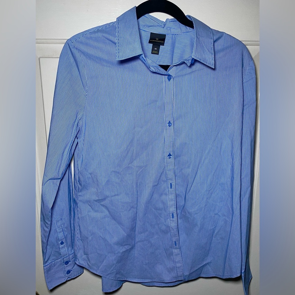 Worthington Womens Career Blouse Top‎ Blue White Striped Button Up Shirt M